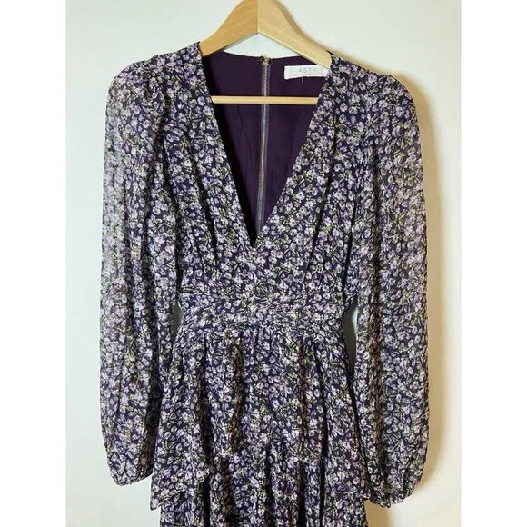 Astr the Label Tired Maxi Dress Side Slit Open Back Purple Green Gold Floral M - Picture 2 of 7